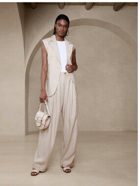 Banana Republic Lena Linen Blend Pleated Wide Leg Pants Cream Size 6 NWOT